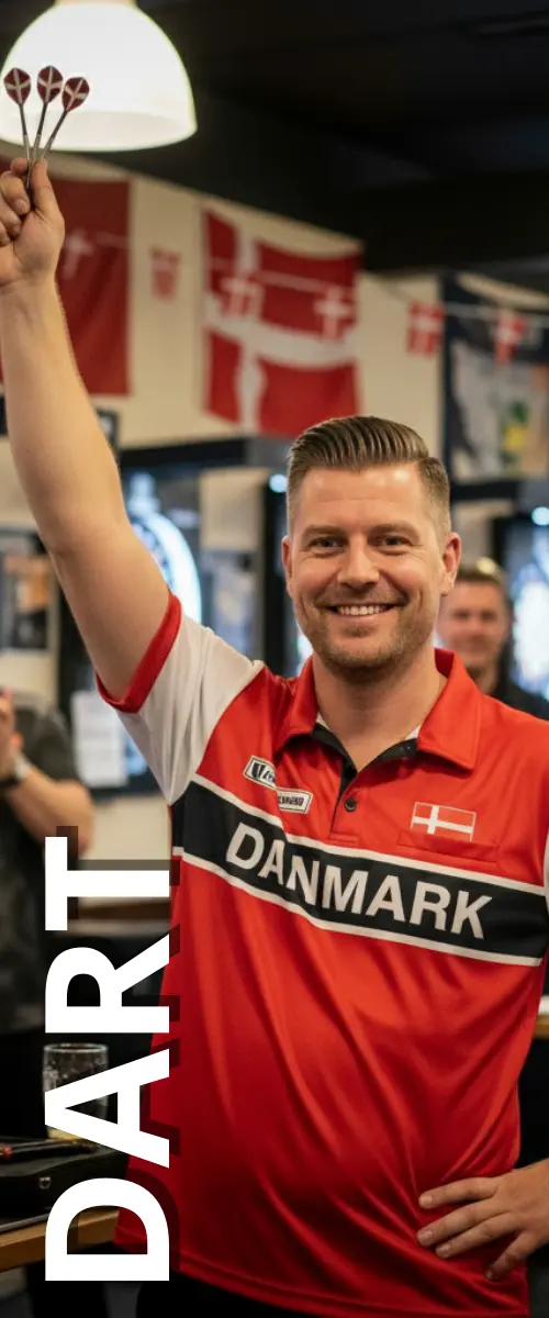 Glad dartspiller med pile i hånden – Find billige dartpokaler og præmier